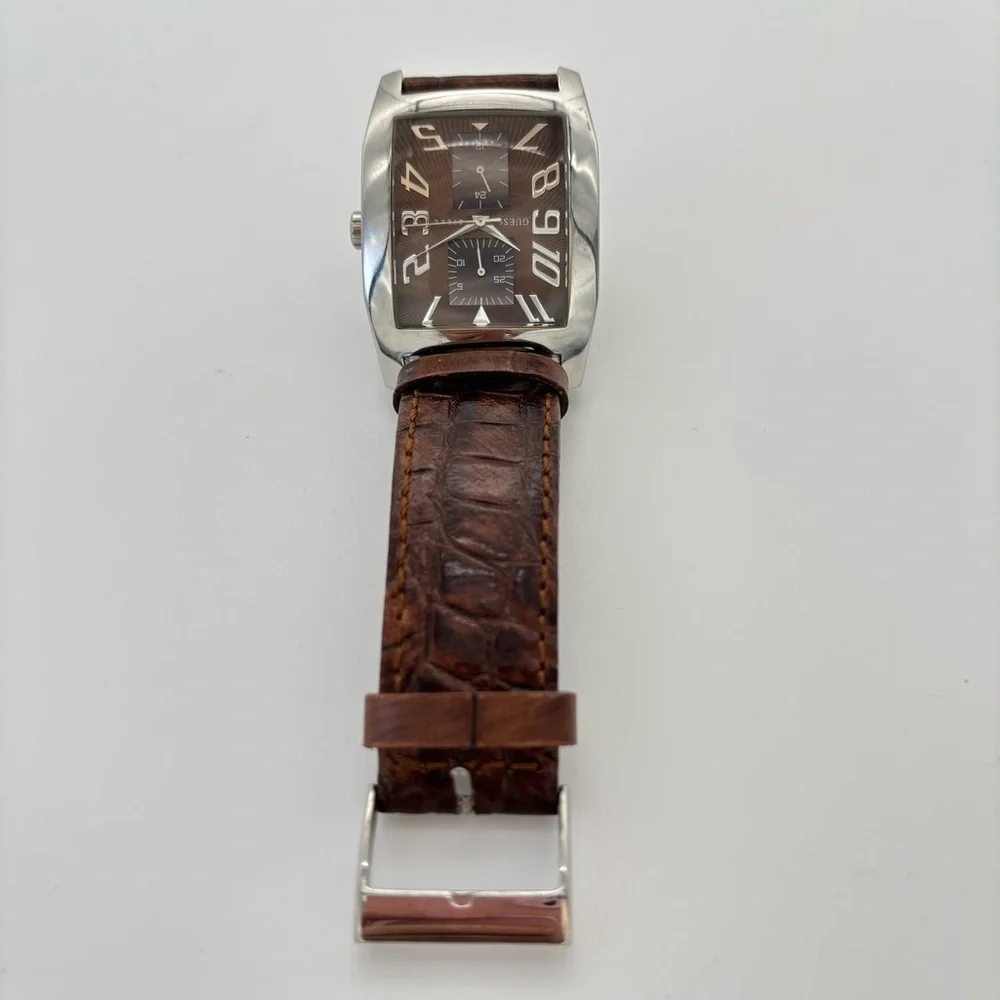 Guess Steel Casing w/Brown Leather Band Analog Watch-New Battery.